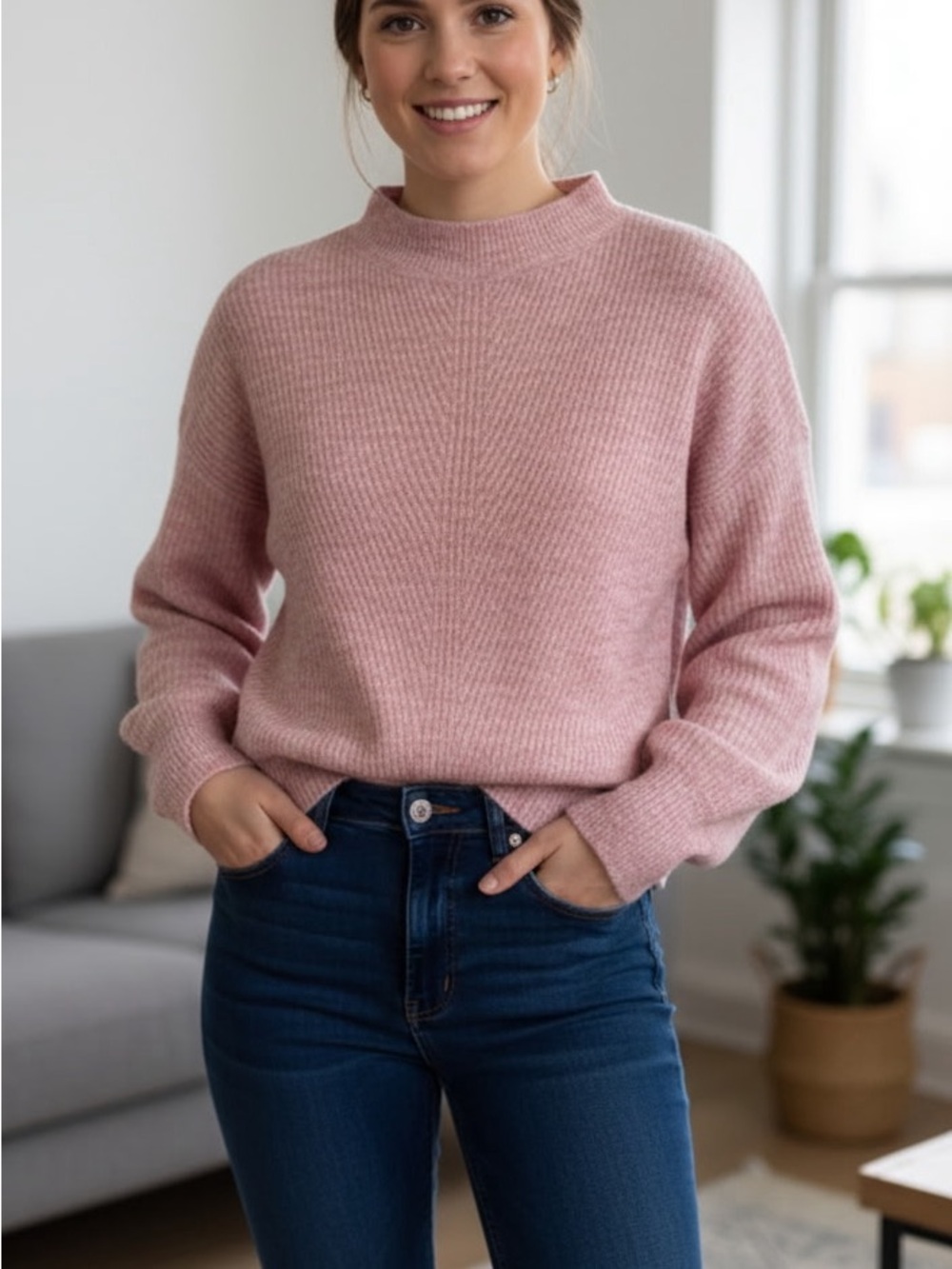 Topshop Blush Pink Ribbed Crewneck Sweater - Picture 2 of 7